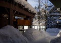 A winter tale - a sunny day for Christmas. Snow-covered streets, houses, sun rays, people walking along the pedestrian zone. ski