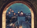 Travel to Europe Estonia Tallinn medieval towers view from window at old town cafedral Aleksandr Nevskiy panor