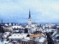 Winter Tallinn old town panorama snow flakes blue sky  cafedral Estonia Royalty Free Stock Photo