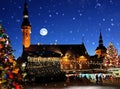 Winter In Tallinn old town square panorama , full moon on night sky , tree light decoration ,Beautiful Christmas marketplace In