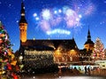 Winter In Tallinn old town square panorama , full moon on night sky , tree light decoration ,Beautiful Christmas marketplace In
