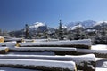 Winter in tatras mountains in poland with heap of pieces of wood