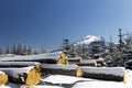 Winter in tatras mountains in poland with heap of pieces of wood