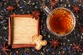 Winter tea background, dried tea blend with herbs and spices and Royalty Free Stock Photo
