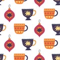 Winter tea cups decoration seamless pattern. 1950 retro style