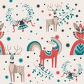 Winter theme, deer and horse, bells and foliage Royalty Free Stock Photo