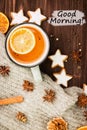 Winter theme. Hot tea with spices, orange,cinnamon,anise,cookies