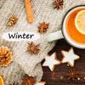 Winter theme. Hot tea with spices, orange,cinnamon,anise,cookies