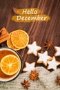 Winter theme. Hot tea with spices,orange,cinnamon,anise,cookies