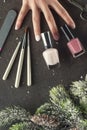 Winter theme nails design and manicure, instruments for manicure with needles Royalty Free Stock Photo
