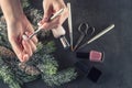 Winter theme nails design and manicure, instruments for manicure with needles Royalty Free Stock Photo