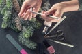 Winter theme nails design and manicure, instruments for manicure with needles Royalty Free Stock Photo