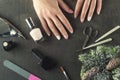 Winter theme nails design and manicure, instruments for manicure with needles Royalty Free Stock Photo