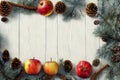 Winter themed background illustration with pine branches, needles, cones and red apples, with white painted weathered wooden board