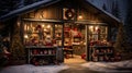 A winter-themed gift shop filled with festive decorations and holiday items for sale.