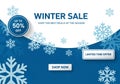 Winter Promotion Vector Banner, Flat Graphic with Snowflakes, Discount Stickers, Blue White Design, E-Commerce Marketing Asset Royalty Free Stock Photo