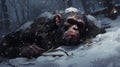 Emotionally Charged Chimpanzee In Snowy Forest - 2d Game Art