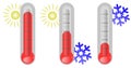 Winter thermometer. Summer thermometer. Thermometers that show cold and heat. Vector flat design