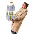 Surprised modern woman on white with pile of Christmas giftes Royalty Free Stock Photo