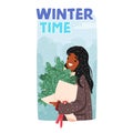 Winter Time Banner With Female Character Clasps A Bouquet Adorned With Frost-kissed Blooms, In The Chilly Air