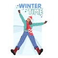 Winter Time Banner With Rosy-cheeked Girl Joyfully Creates Snow Angel, Her Laughter Echoing In The Crisp Air