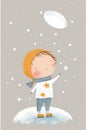 Winter time. Boy with the snowball. Children watercolor illustration.