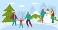 Winter time, cartoon people have fun vector illustration. Active christmas holidays in flat park, happy man woman Royalty Free Stock Photo