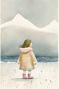 Winter time. Girl in the mountains. Children watercolor illustration.