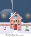 Winter time has come. Postcard with pretty houses in the snow. Decorated Christmas elements.