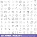100 winter time icons set, outline style Royalty Free Stock Photo