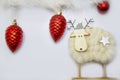 Winter time .One image with one Christmas sheep decoration and red globes Royalty Free Stock Photo