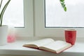 Winter time, snow-covered window, an open book and a cup with a hot drink on the windowsill