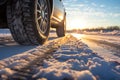 Winter tire. Car on snow road. Generative AI Royalty Free Stock Photo