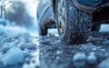 Winter tire. Car on snow road. Tires on snowy highway detail. Royalty Free Stock Photo