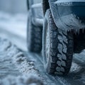 Winter tire. Car on snow road. Tires on snowy highway detail. Royalty Free Stock Photo