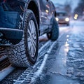 Winter tire. Car on snow road. Tires on snowy highway detail. Royalty Free Stock Photo