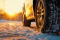 Winter tire covered in snow snowy road ice icy car wheel drive safety safe driving transportation condition change Royalty Free Stock Photo