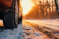 Winter tire covered in snow snowy road ice icy car wheel drive safety safe driving transportation condition change Royalty Free Stock Photo