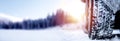 Winter tire. Detail of car tires in winter on the road covered with snow. Panorama, banner. Royalty Free Stock Photo