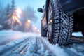 Winter tire grip close up of car tires on a snowy road