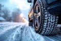 Winter tire grip close up of car tires on a snowy road Royalty Free Stock Photo