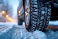 Winter tire grip close up of car tires on a snowy road Royalty Free Stock Photo