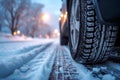 Winter tire grip close up of car tires on a snowy road Royalty Free Stock Photo