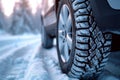 Winter tire grip close up of car tires on a snowy road