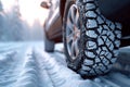 Winter tire grip close up of car tires on a snowy road