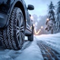 Winter tire grip close up of car tires on a snowy road