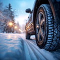 Winter tire grip close up of car tires on a snowy road Royalty Free Stock Photo