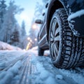 Winter tire grip close up of car tires on a snowy road