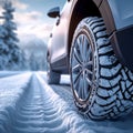 Winter tire grip close up of car tires on a snowy road