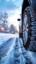 Winter tire grip close up of car tires on a snowy road